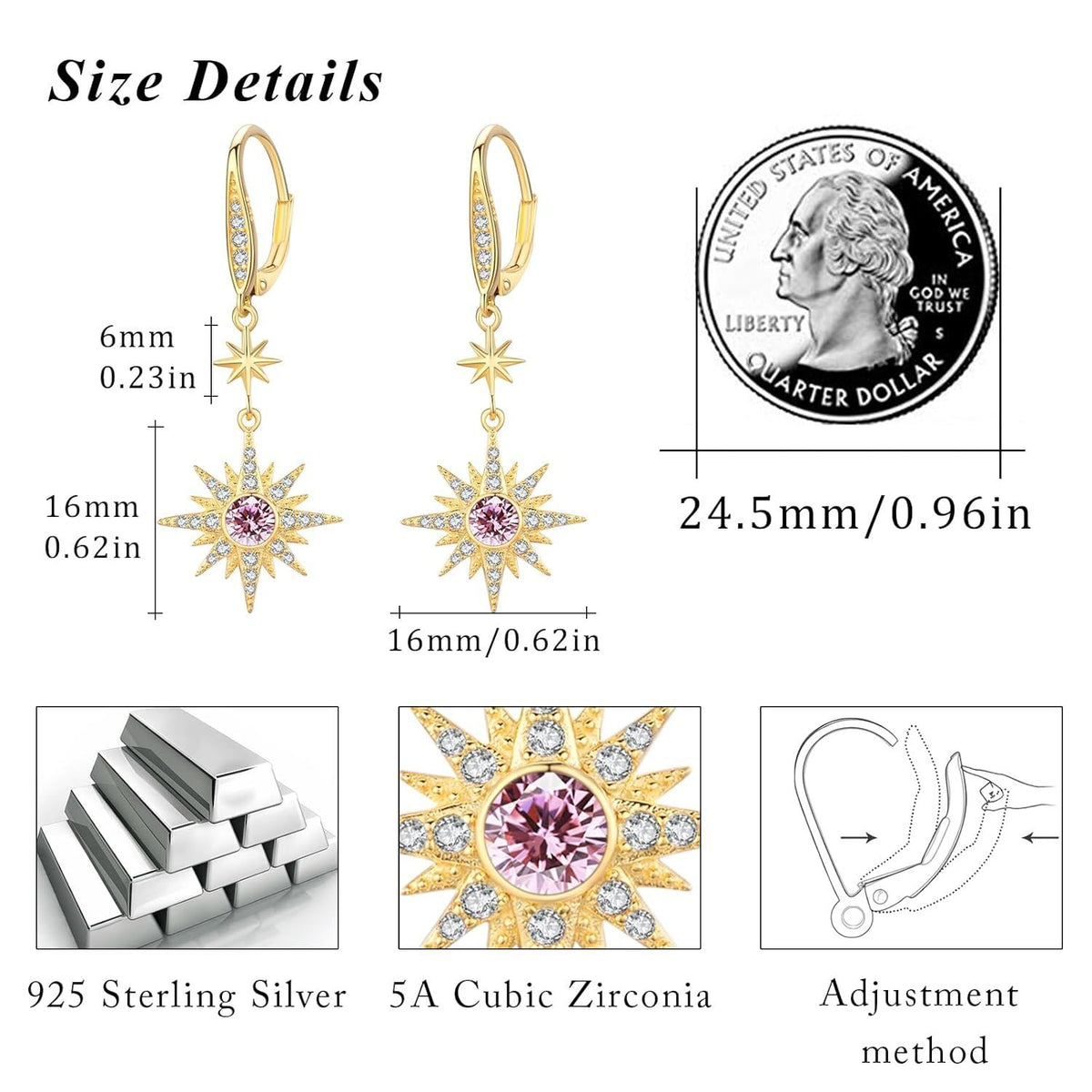 925 Sterling Silver Starburst Birthstone Drop Earrings