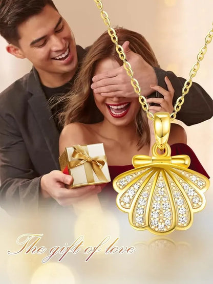 Gold Plated Shell Photo Frame Pendant Necklace for Women - 925 Sterling Silver Clasp and Cubic Zirconia Accents (18 + 2)