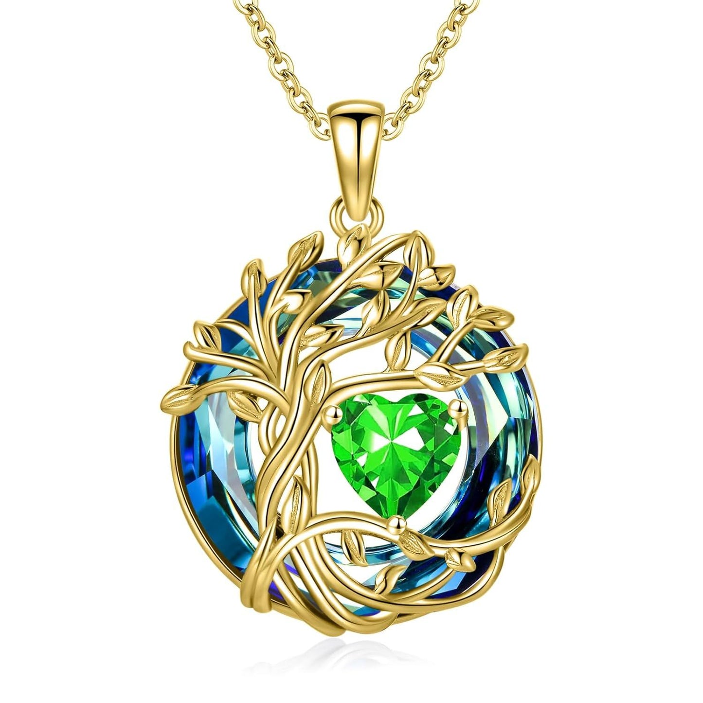 925 Sterling Silver Tree of Life Birthstone Necklace with Blue Crystal and Opal Heart Pendant