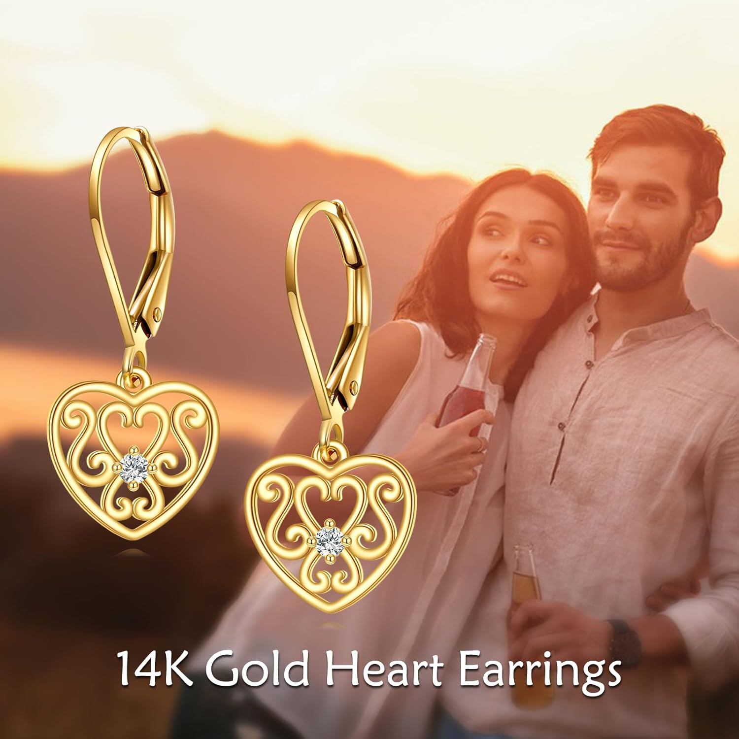 14K Gold Filigree Heart Shape Dangle Drop Leverback Earrings