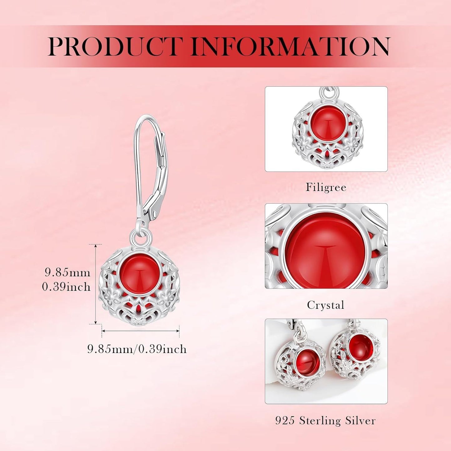 18K Gold Plated Silver Red Gemstone Filigree Dangle Earrings