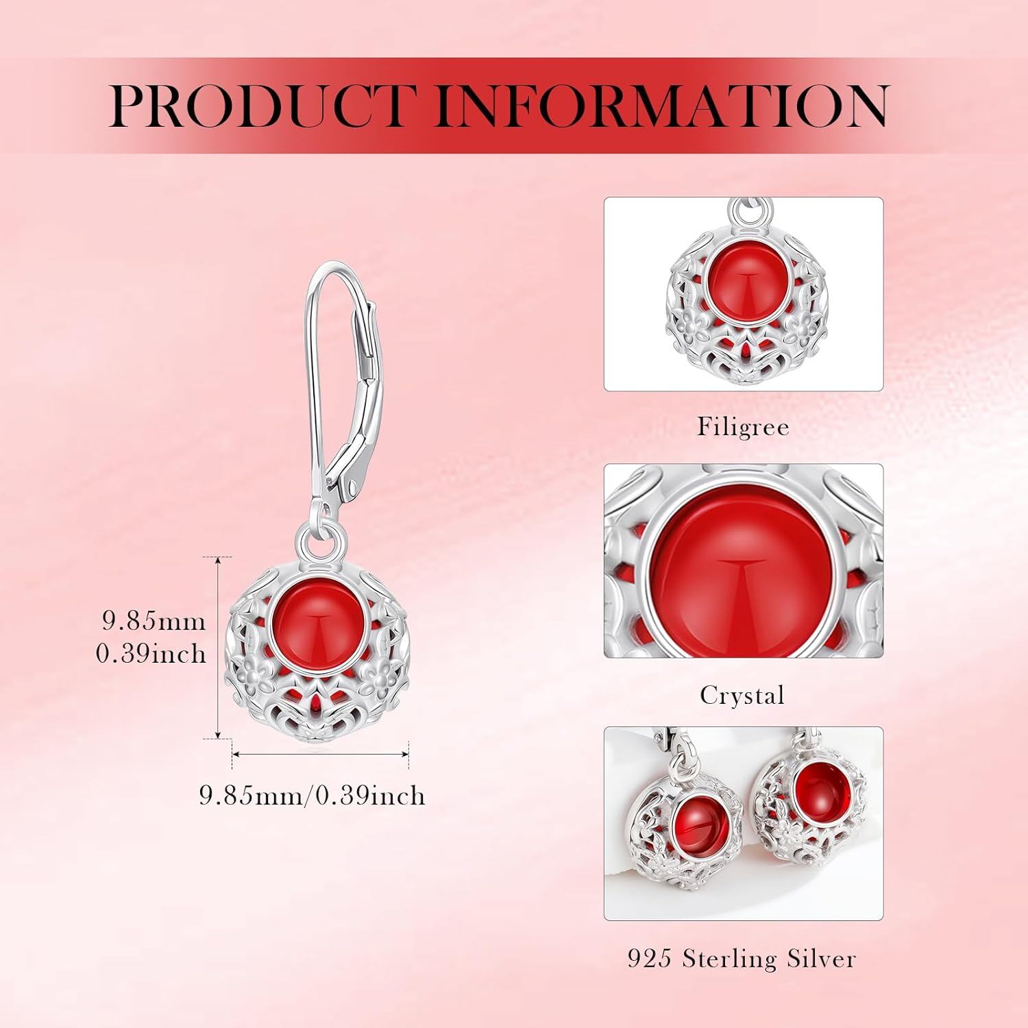 18K Gold Plated Silver Red Gemstone Filigree Dangle Earrings