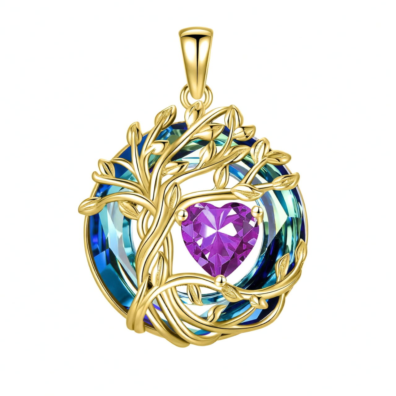 925 Sterling Silver Tree of Life Birthstone Necklace with Blue Crystal and Opal Heart Pendant
