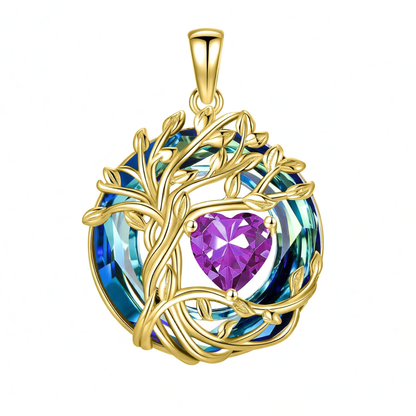 925 Sterling Silver Tree of Life Birthstone Necklace with Blue Crystal and Opal Heart Pendant