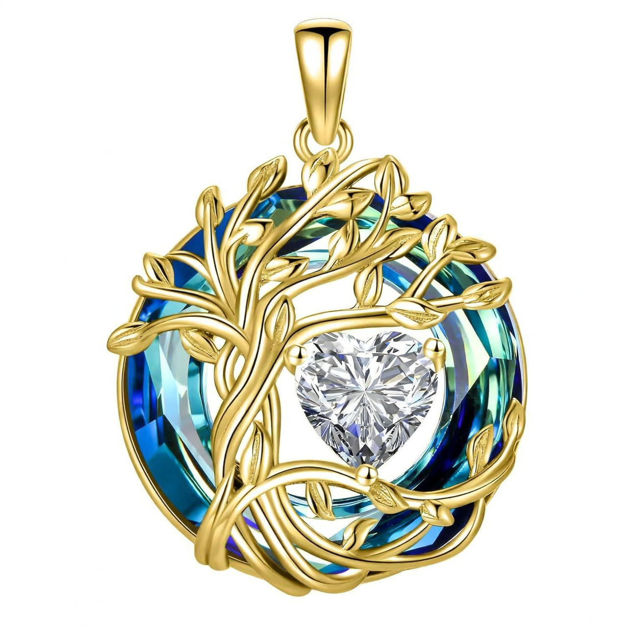 925 Sterling Silver Tree of Life Birthstone Necklace with Blue Crystal and Opal Heart Pendant