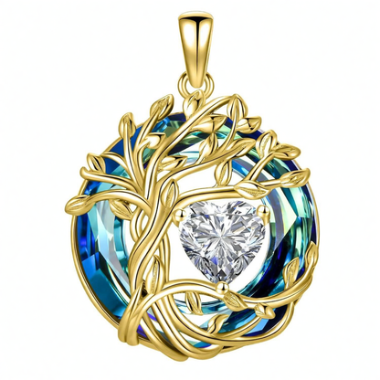 925 Sterling Silver Tree of Life Birthstone Necklace with Blue Crystal and Opal Heart Pendant