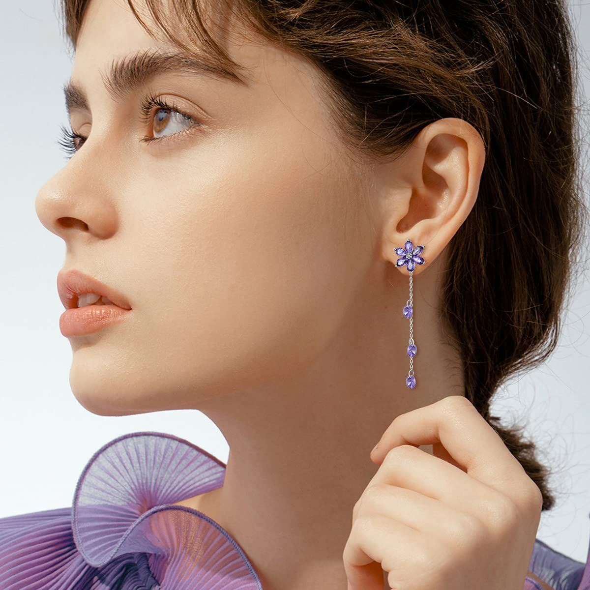 925 Silver Cubic Zirconia Drop Earrings Pink Flowers