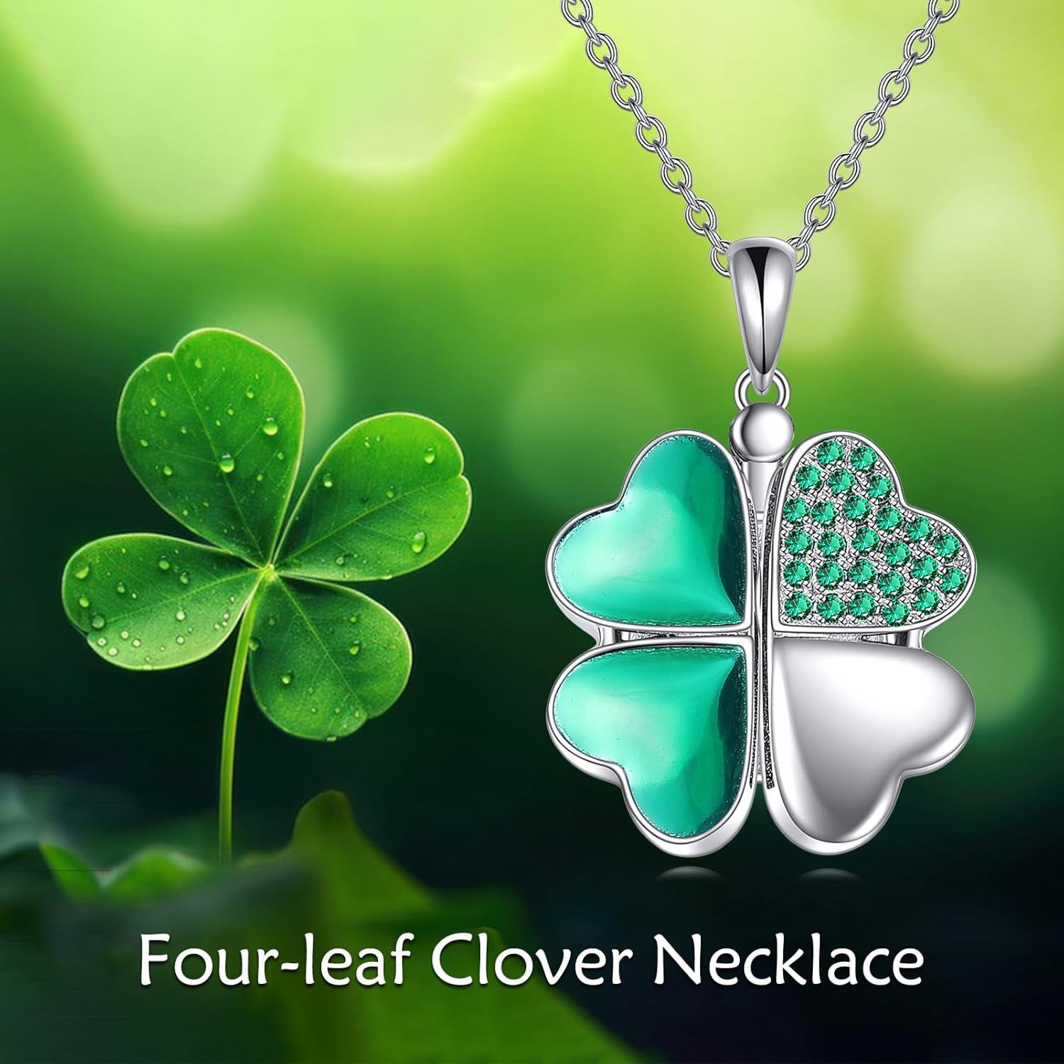 925 Silver Green Enamel CZ Four-Leaf Clover Photo Locket