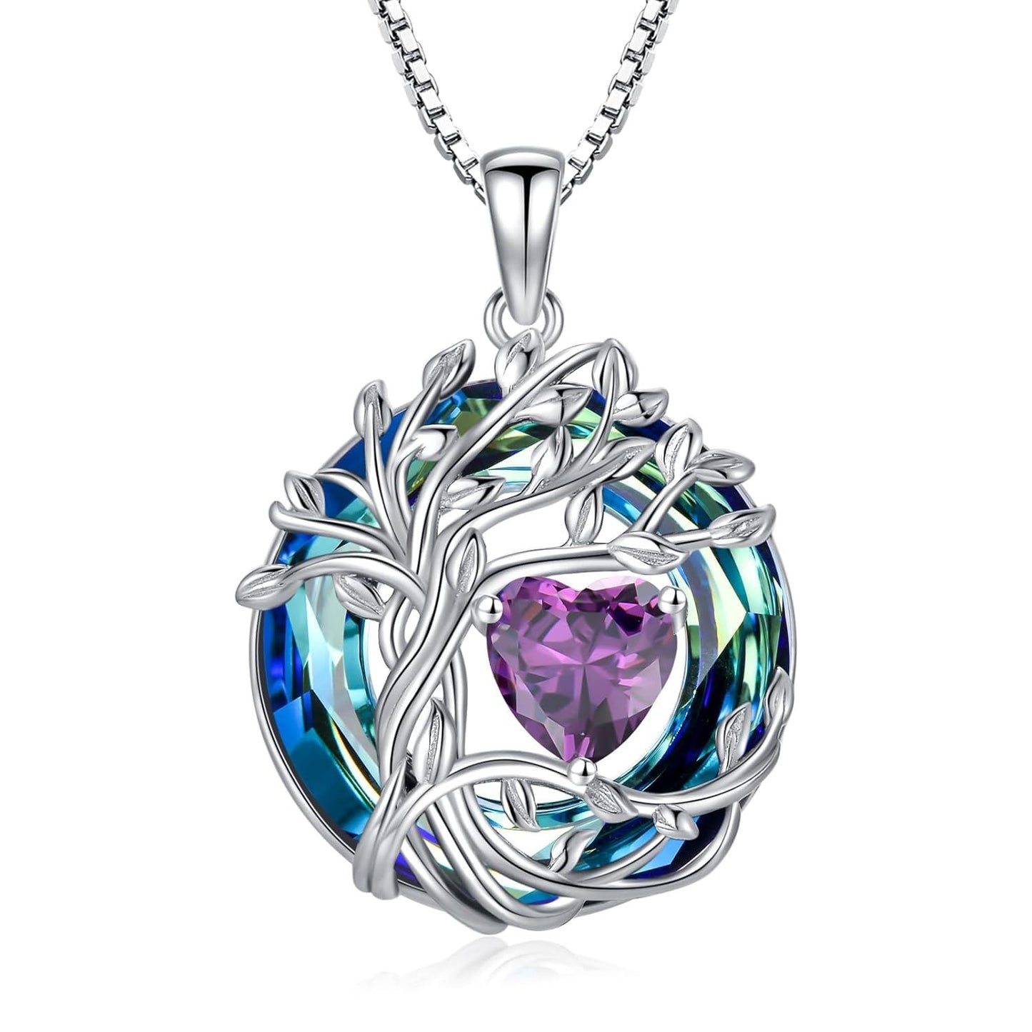 925 Sterling Silver Tree of Life Birthstone Necklace with Blue Crystal and Opal Heart Pendant