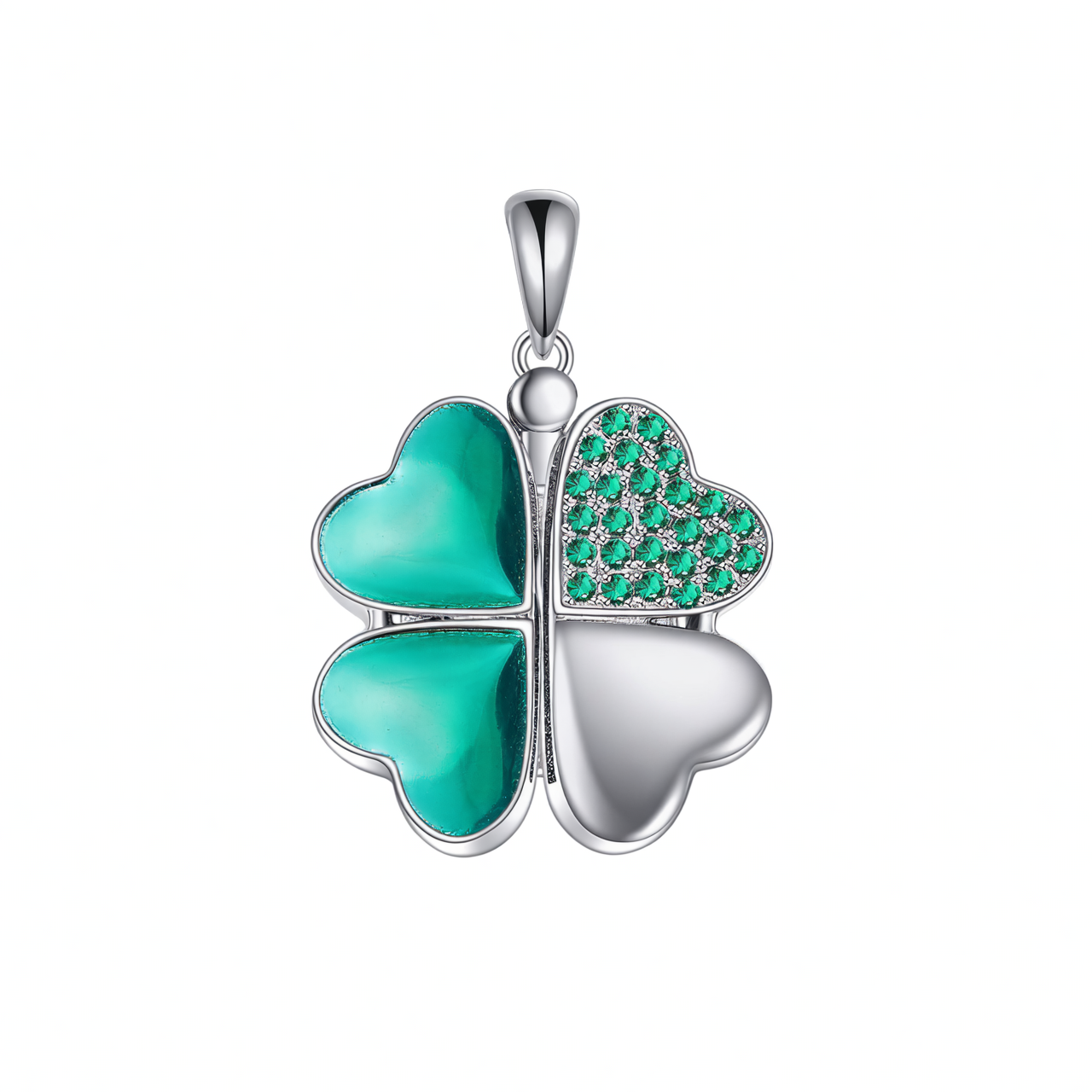 925 Silver Green Enamel CZ Four-Leaf Clover Photo Locket