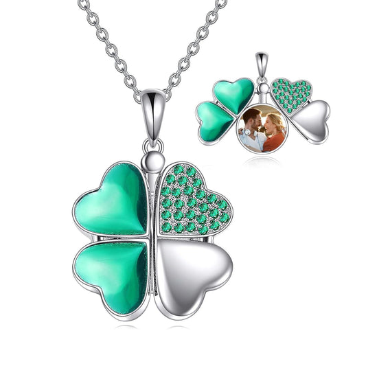925 Silver Green Enamel CZ Four-Leaf Clover Photo Locket