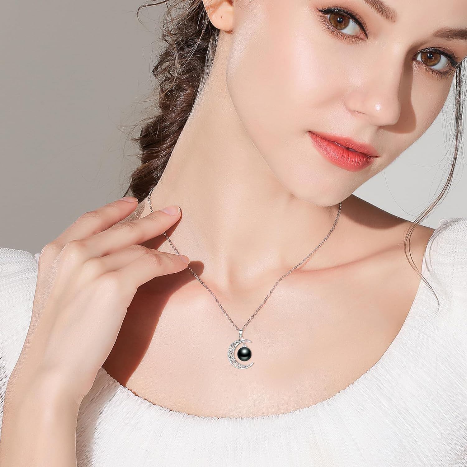 925 Silver Crescent Moon Black Pearl Pendant Necklace Her