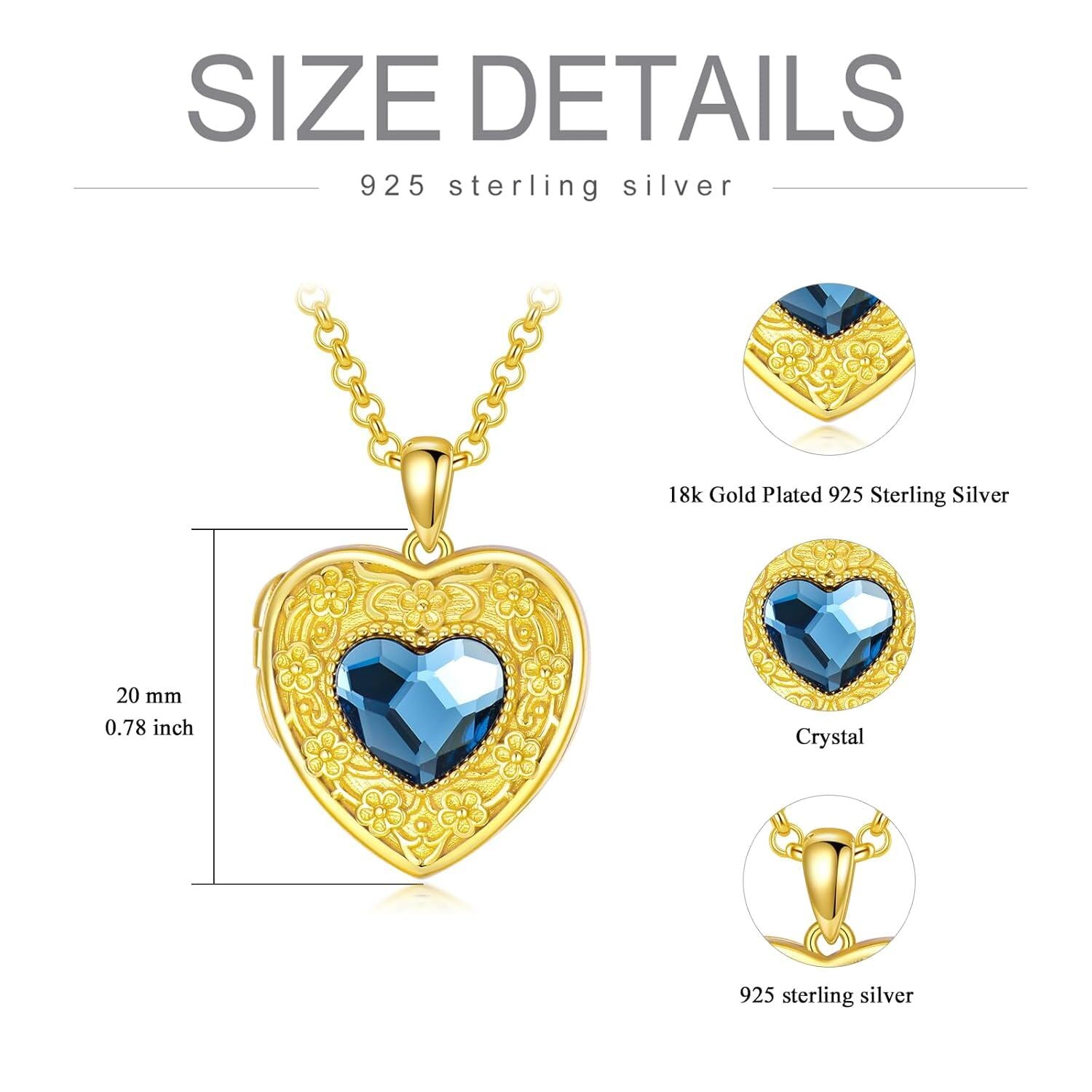 Gold 925 Silver Blue Crystal Heart Photo Locket Necklace