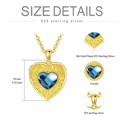 Gold 925 Silver Blue Crystal Heart Photo Locket Necklace