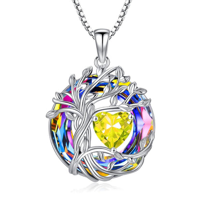 925 Sterling Silver Tree of Life Birthstone Necklace with Blue Crystal and Opal Heart Pendant