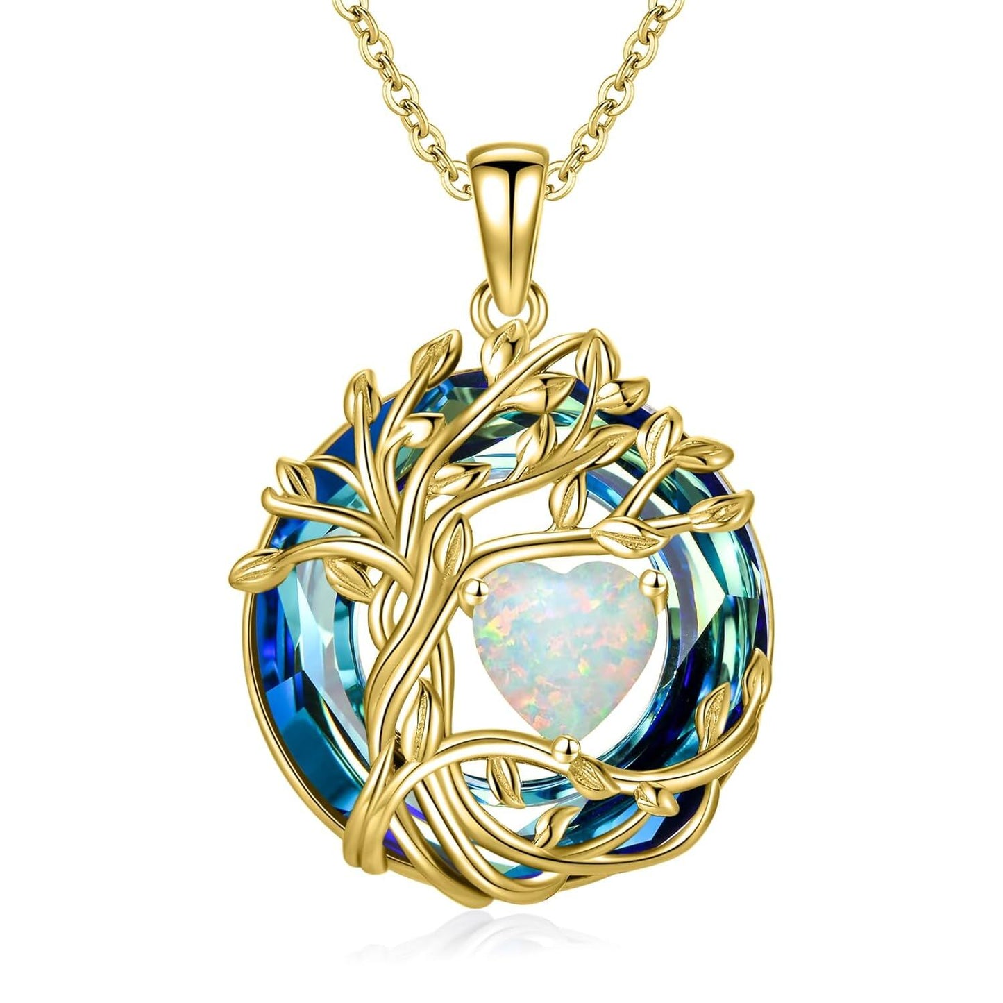 925 Sterling Silver Tree of Life Birthstone Necklace with Blue Crystal and Opal Heart Pendant