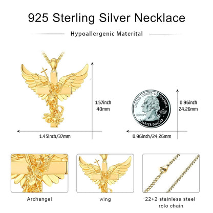 Gold 925 Silver Guardian Angel Cross Pendant Necklace