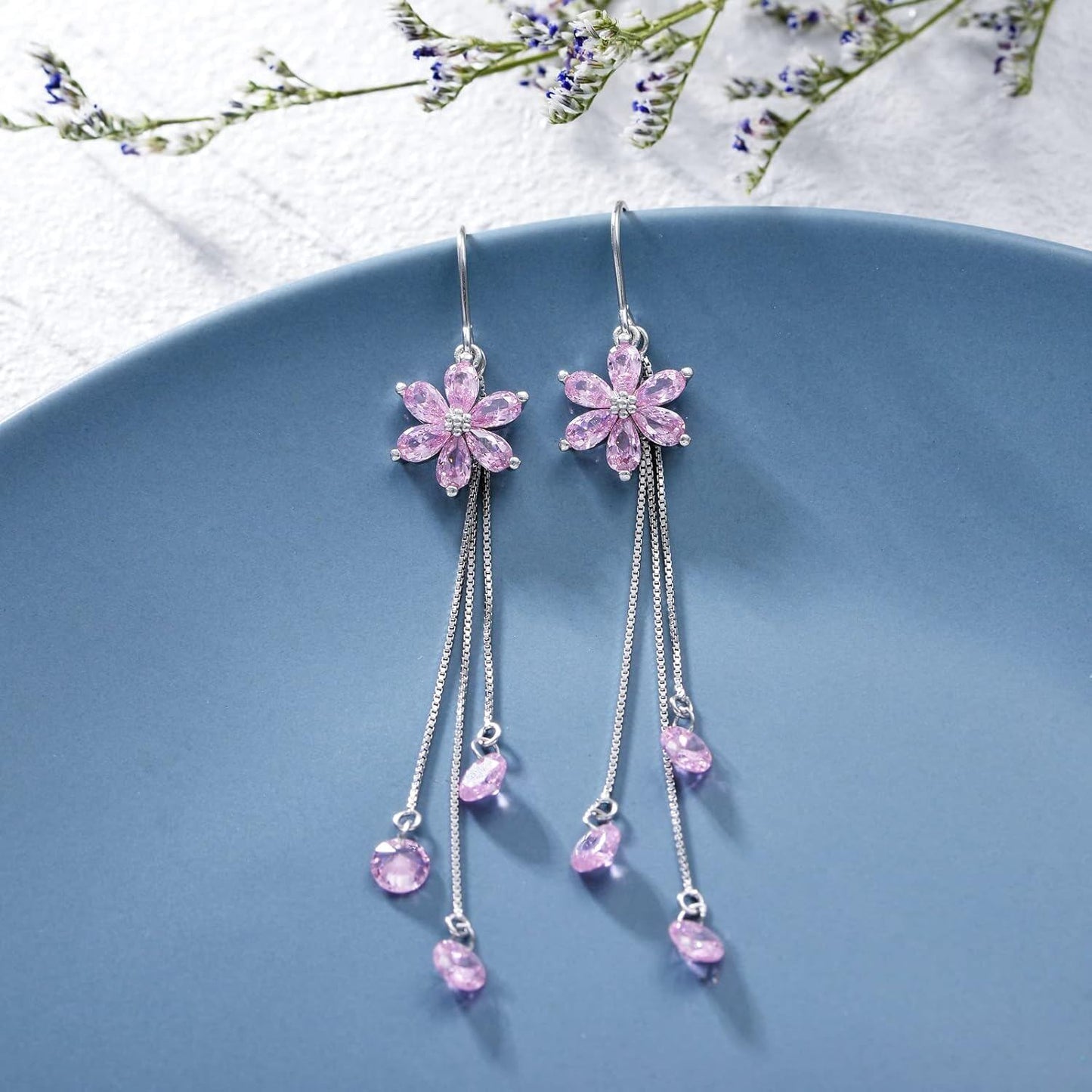 925 Silver Cubic Zirconia Drop Earrings Pink Flowers