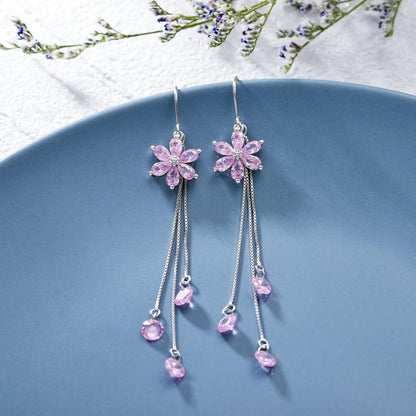 925 Silver Cubic Zirconia Drop Earrings Pink Flowers