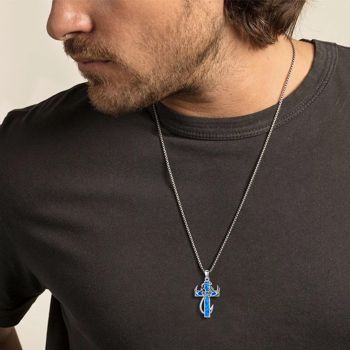 925 Silver Black Enamel Deer Antlers Cross Necklace Men
