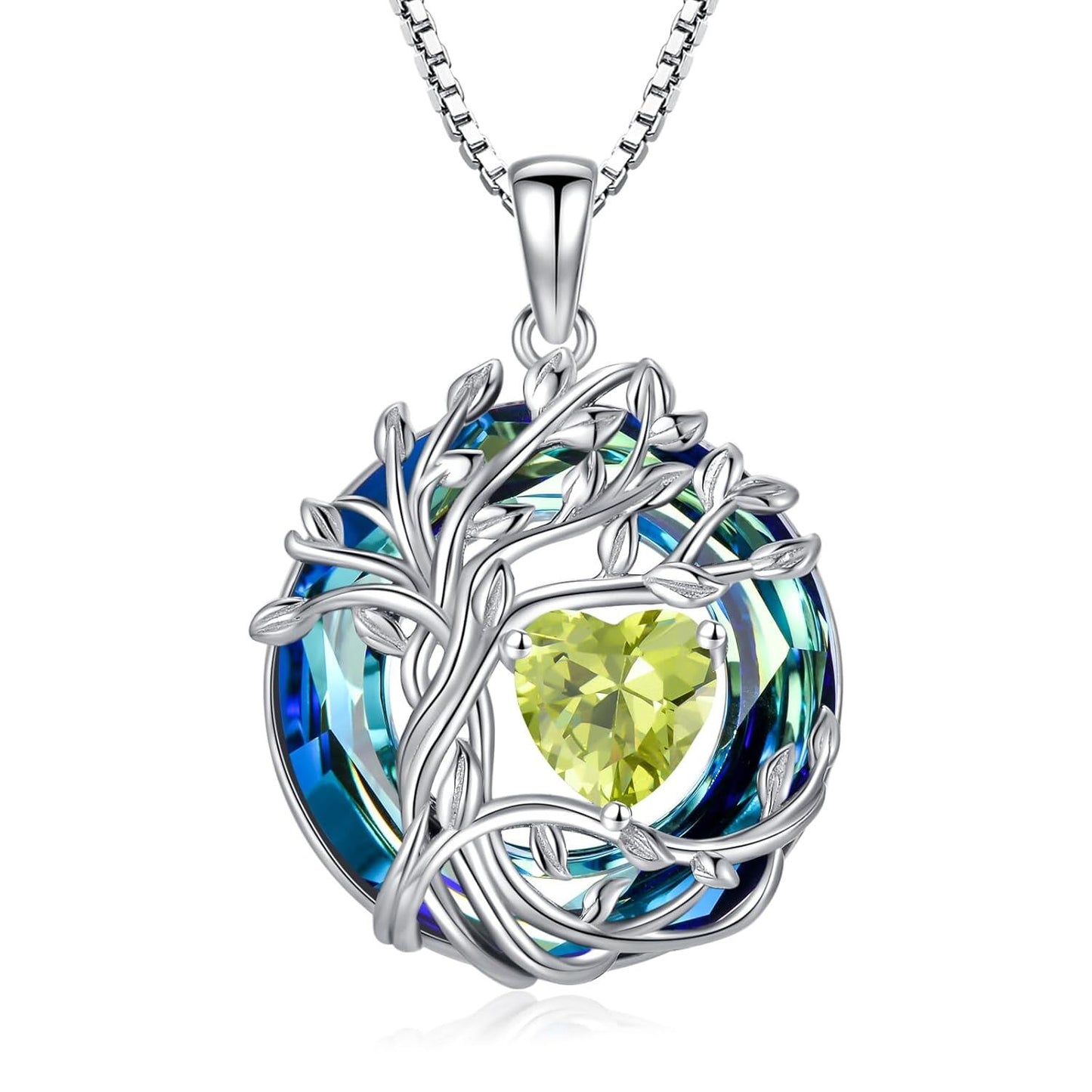 925 Sterling Silver Tree of Life Birthstone Necklace with Blue Crystal and Opal Heart Pendant