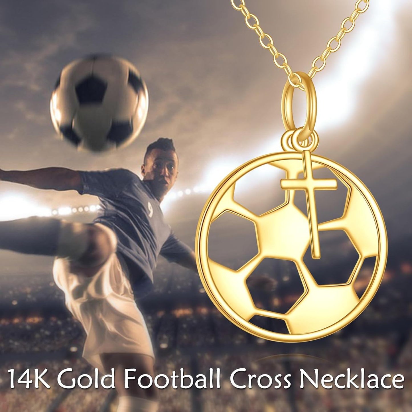 14K Gold Soccer Ball Cross Pendant Necklace Women Men