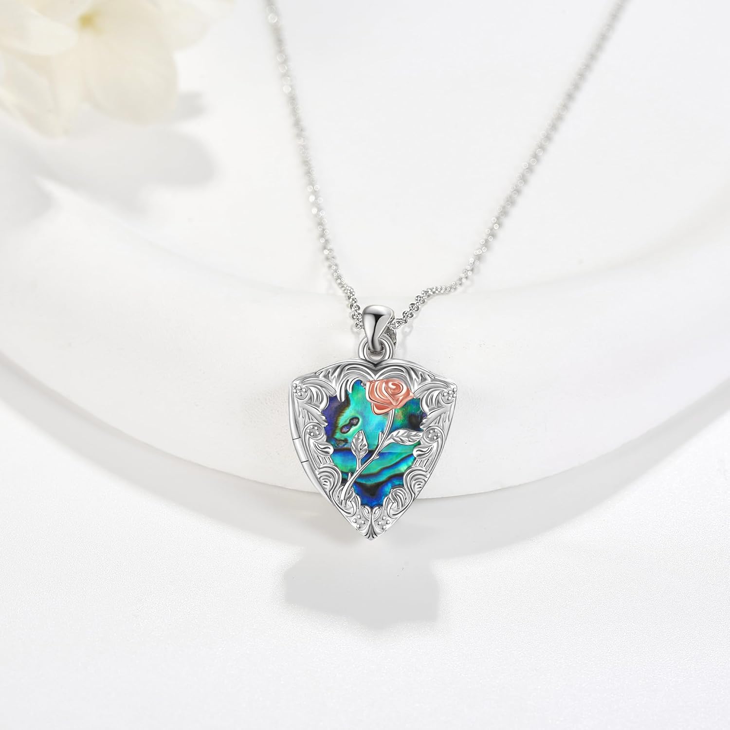 925 Silver Abalone Rose Photo Frame Pendant Necklace Women