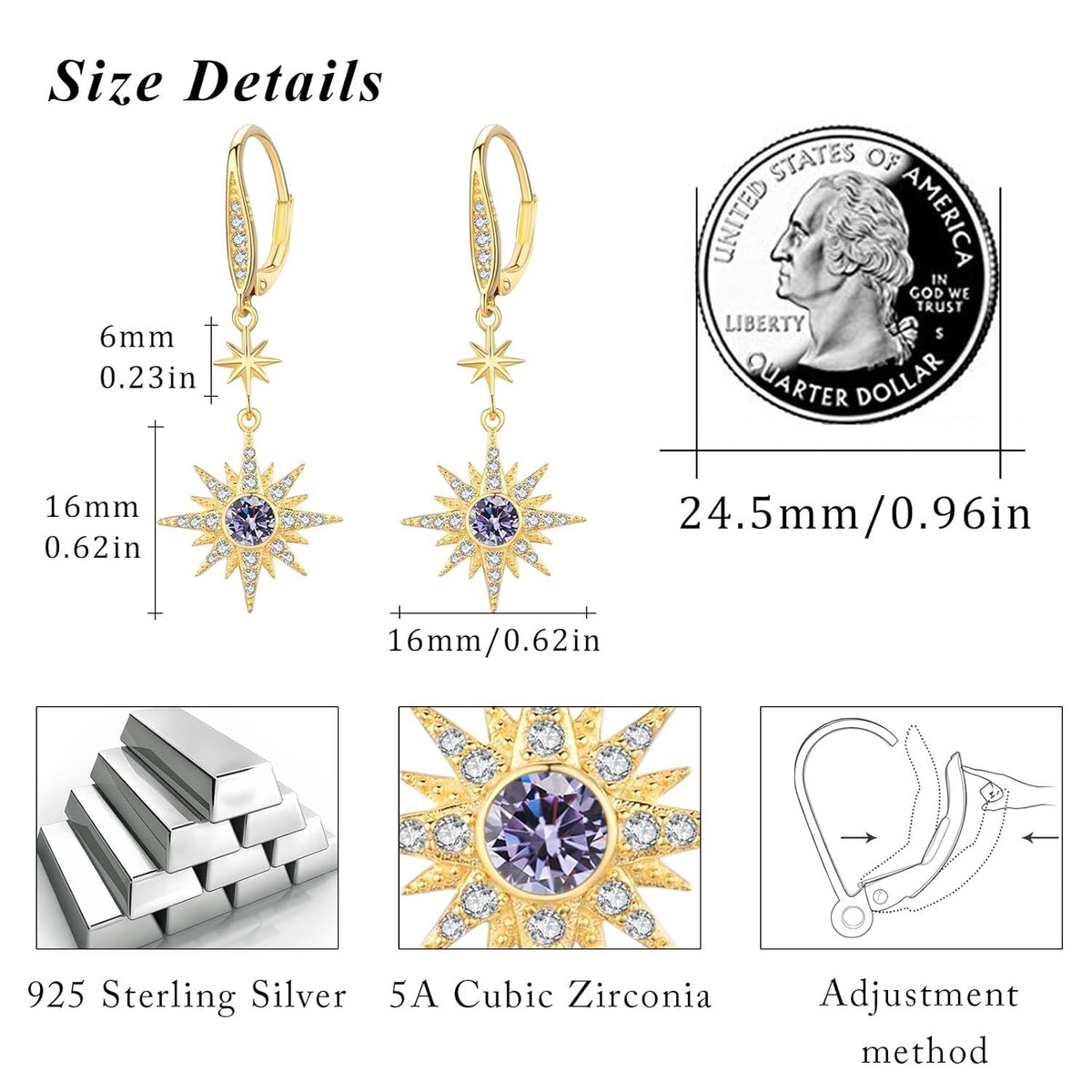 925 Sterling Silver Starburst Birthstone Drop Earrings