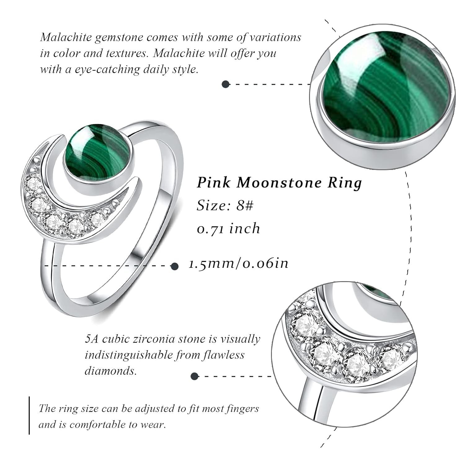 925 Silver Crescent Moon Open Adjustable Ring Women Gift