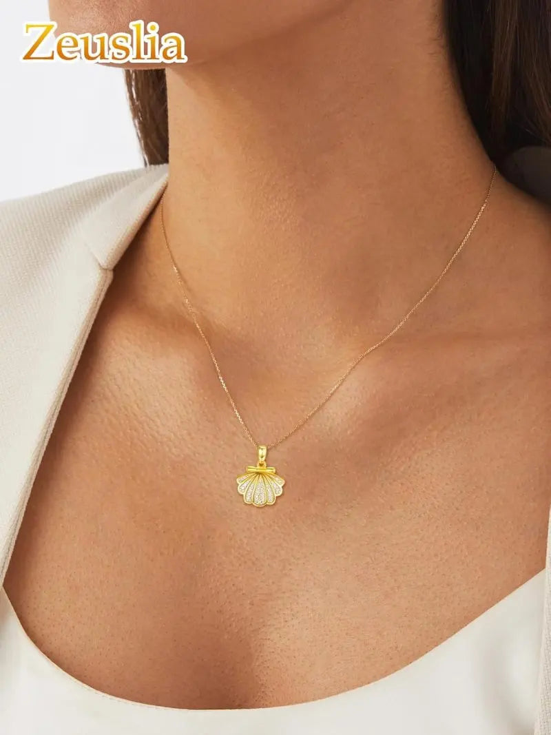 Gold Plated Shell Photo Frame Pendant Necklace for Women - 925 Sterling Silver Clasp and Cubic Zirconia Accents (18 + 2)