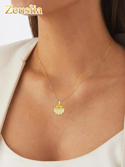 Gold Plated Shell Photo Frame Pendant Necklace for Women - 925 Sterling Silver Clasp and Cubic Zirconia Accents (18 + 2)