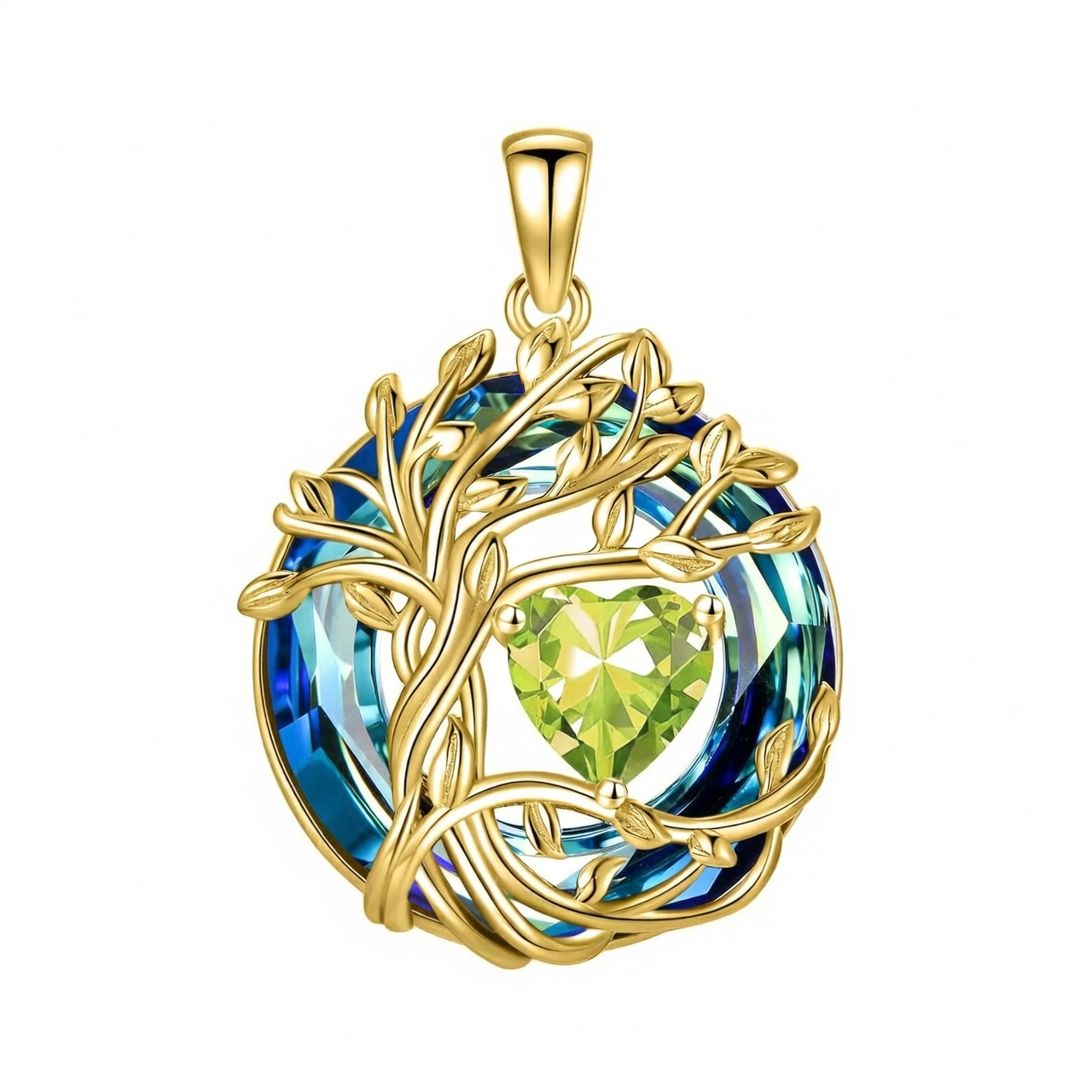 925 Sterling Silver Tree of Life Birthstone Necklace with Blue Crystal and Opal Heart Pendant