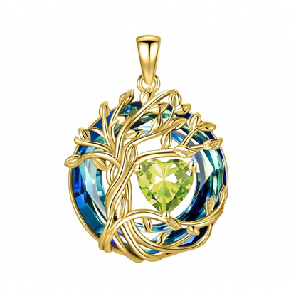 925 Sterling Silver Tree of Life Birthstone Necklace with Blue Crystal and Opal Heart Pendant