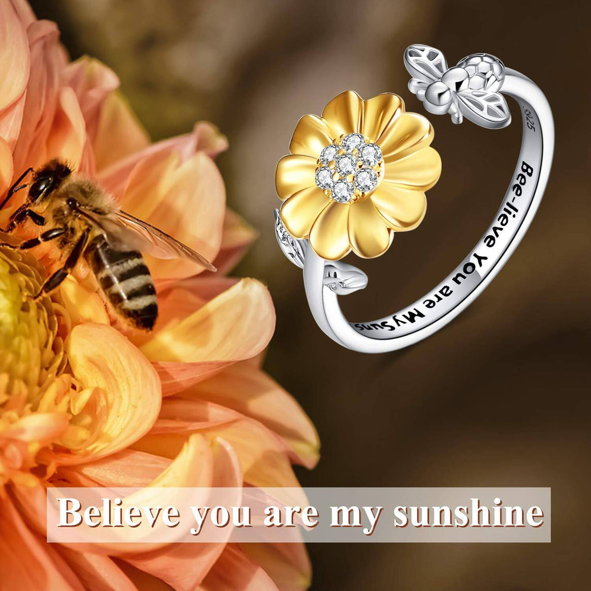 925 Sterling Silver Bee & Sunflower Adjustable Ring