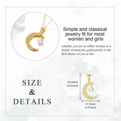 14K Gold Crescent Moon with Pearl Charm Pendant Necklace for Women