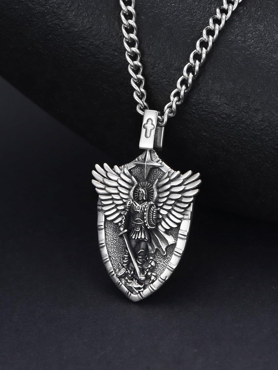 925 Silver St Michael Shield Pendant Necklace Men Women Gold