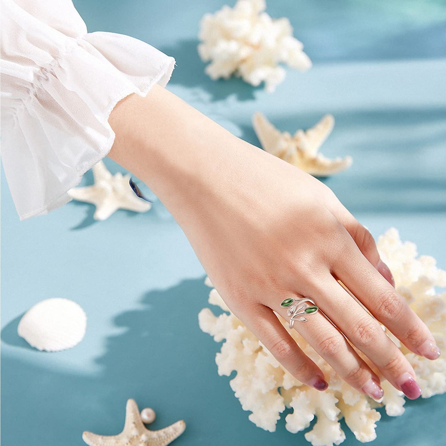 925 Sterling Silver Leaf Ring with Birthstone Adjustable Wrap Promise Engagement Wedding Rings for Women