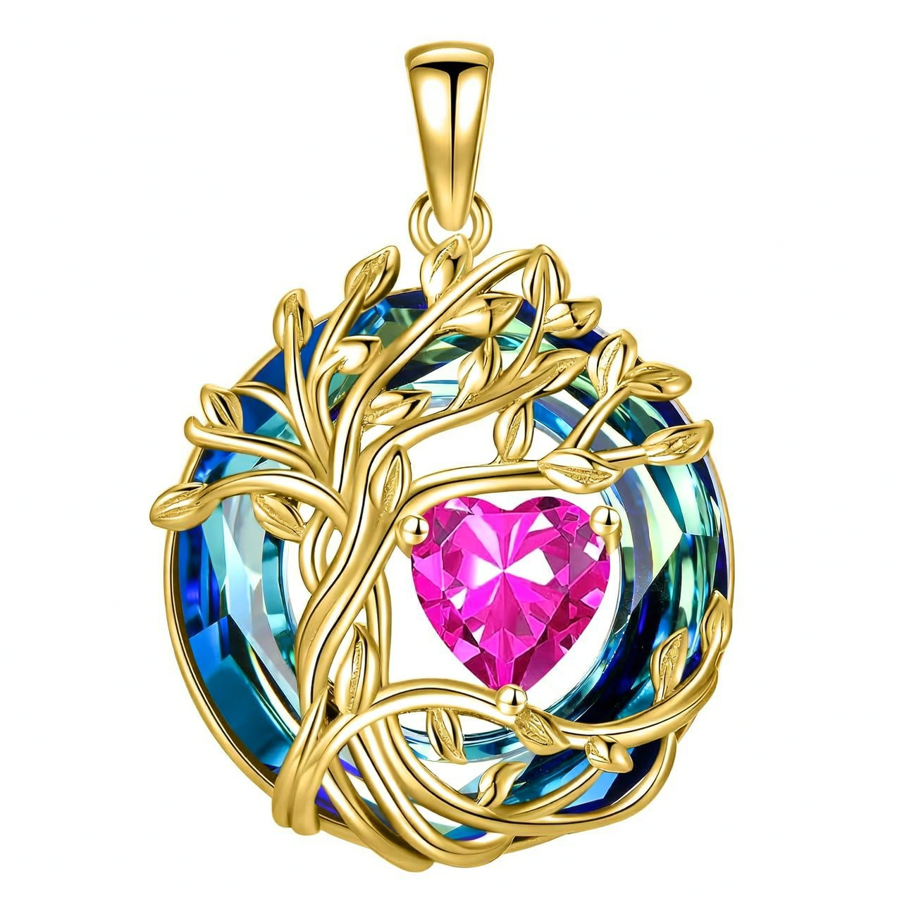 925 Sterling Silver Tree of Life Birthstone Necklace with Blue Crystal and Opal Heart Pendant