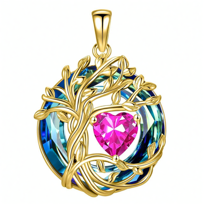 925 Sterling Silver Tree of Life Birthstone Necklace with Blue Crystal and Opal Heart Pendant