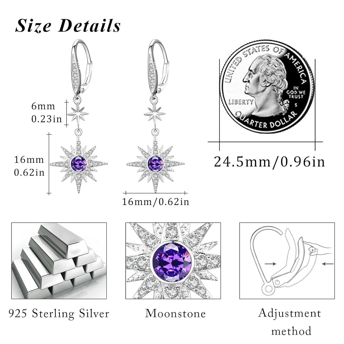 925 Sterling Silver Starburst Birthstone Drop Earrings