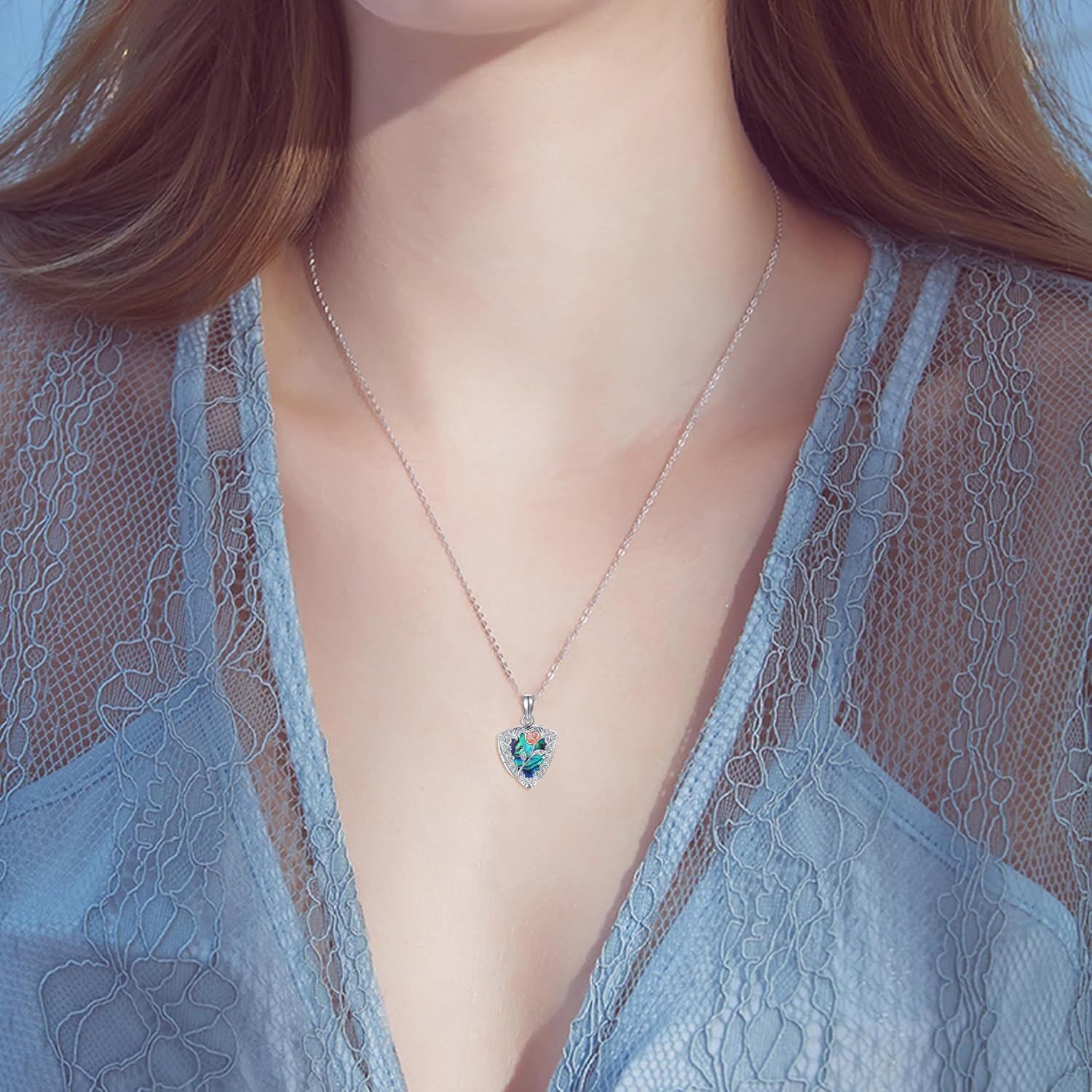 925 Silver Abalone Rose Photo Frame Pendant Necklace Women