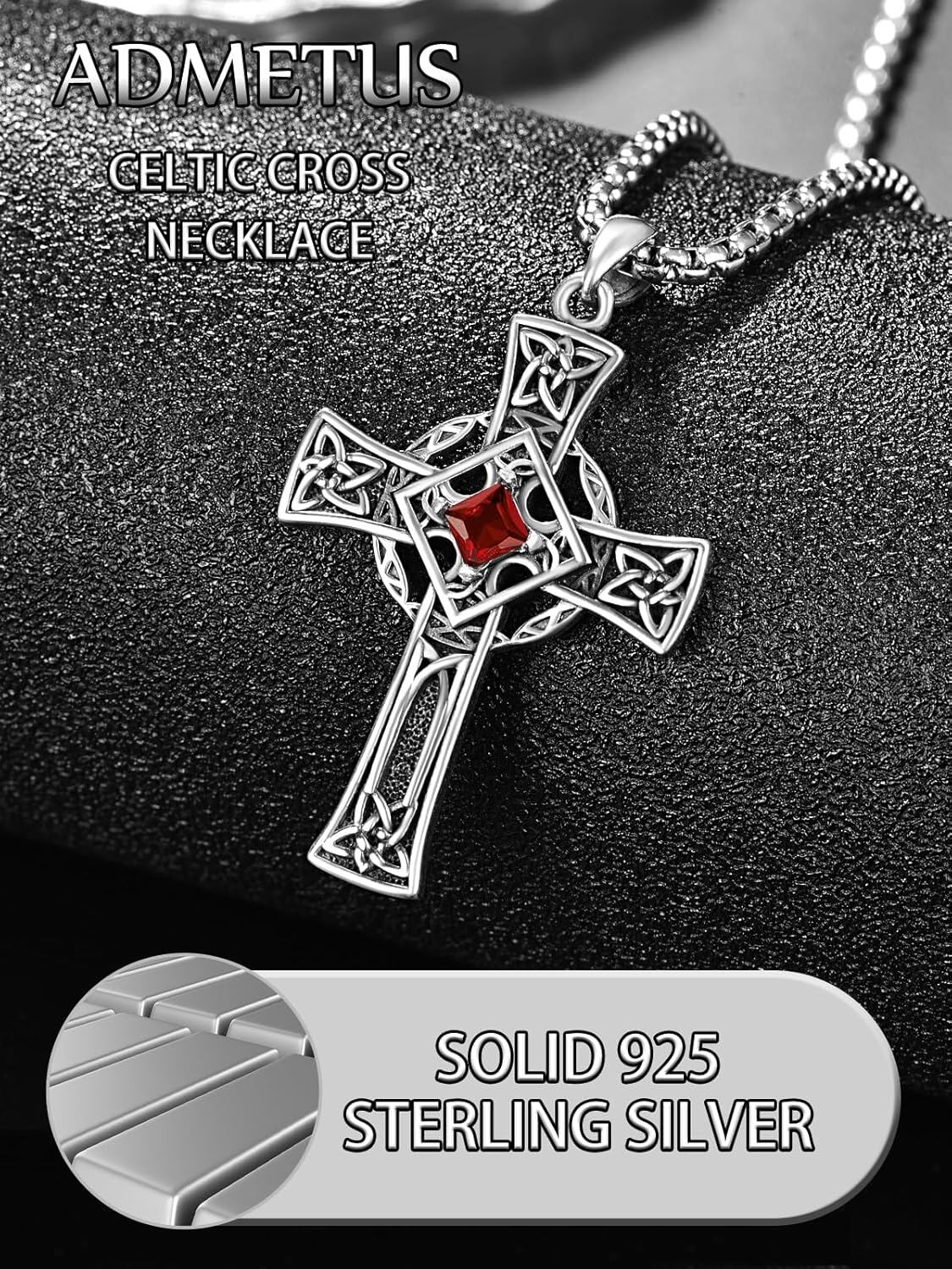 925 Silver Garnet Celtic Cross Necklace Men 22 Inch Chain