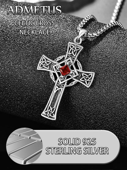 925 Silver Garnet Celtic Cross Necklace Men 22 Inch Chain