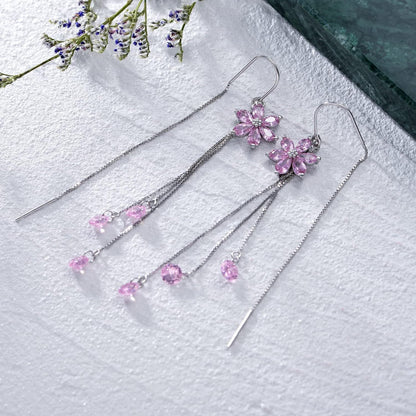 925 Silver Cubic Zirconia Drop Earrings Pink Flowers