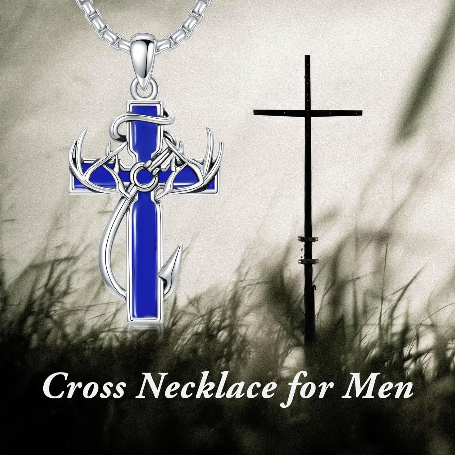 925 Silver Black Enamel Deer Antlers Cross Necklace Men