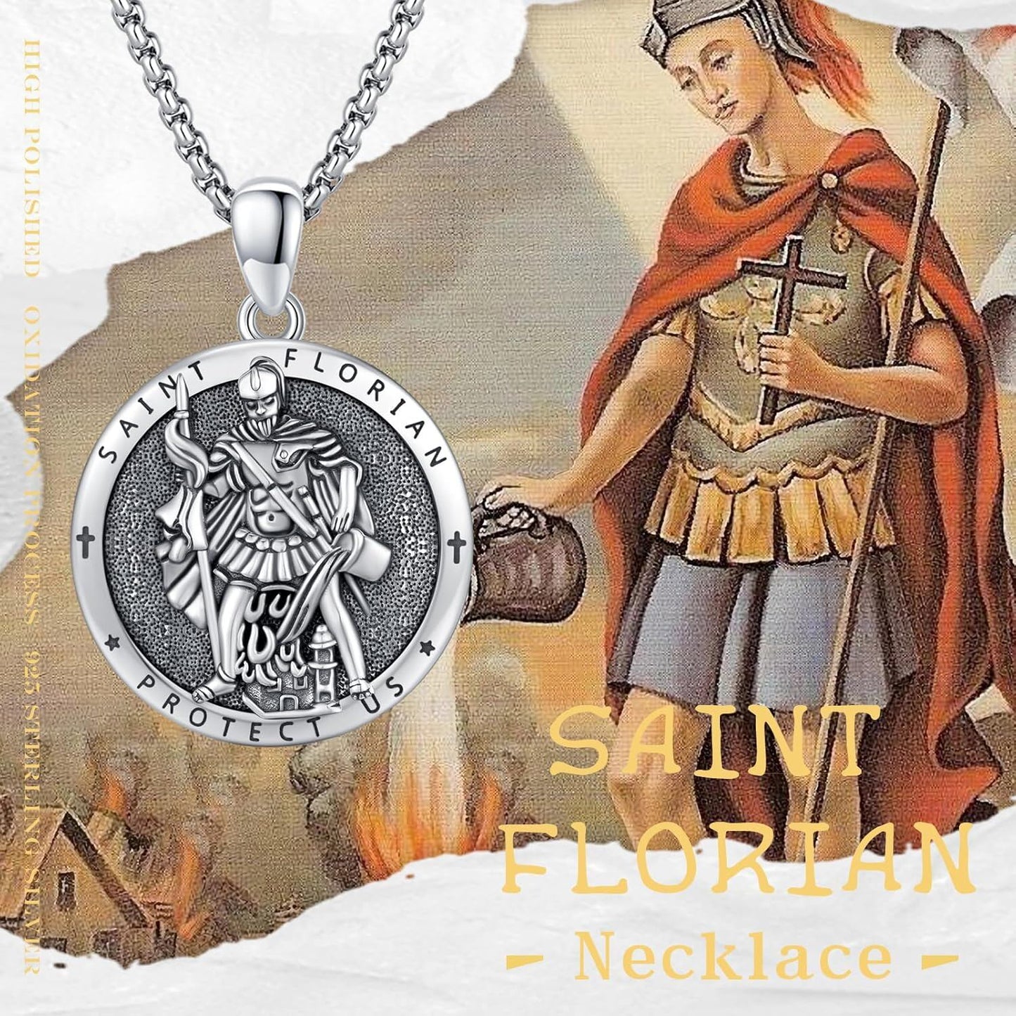 925 Silver Saint Florian Firefighter Pendant Necklace Mena