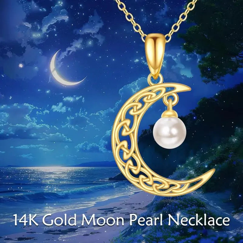 14K Gold Crescent Moon with Pearl Charm Pendant Necklace for Women