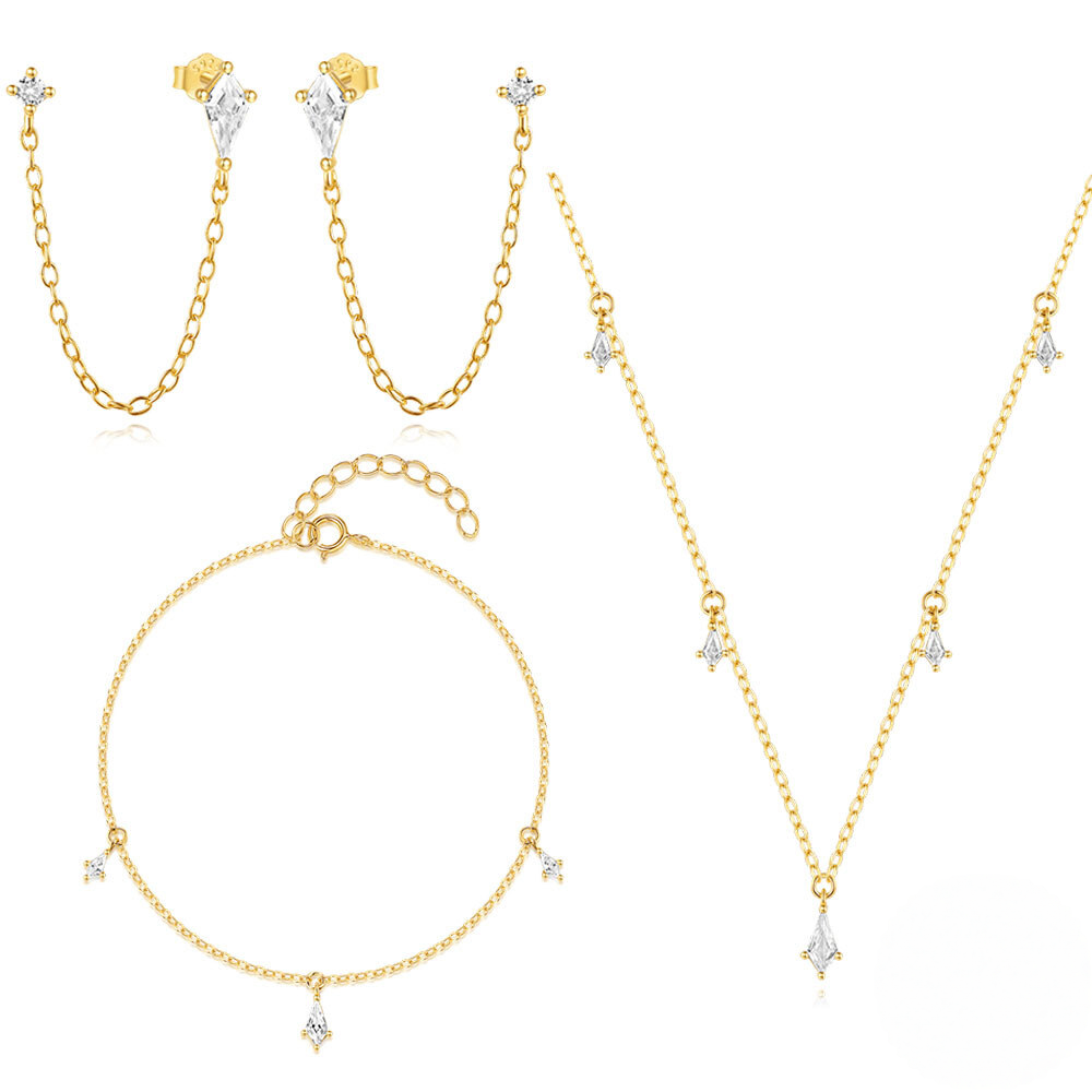 925 Sterling Silver Kite Stone Zircon Inlay Stackable Necklace Bracelet Earring Set