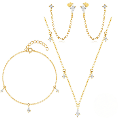 925 Sterling Silver Kite Stone Zircon Inlay Stackable Necklace Bracelet Earring Set