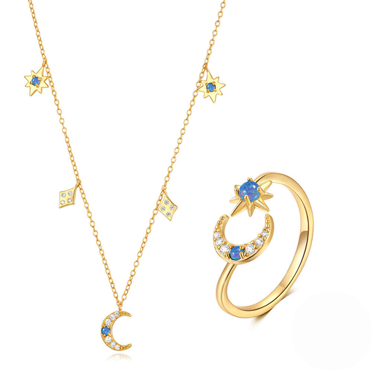 S925 Sterling Silver Adjustable Stackable Star And Moon Opal Necklace And Ring Set